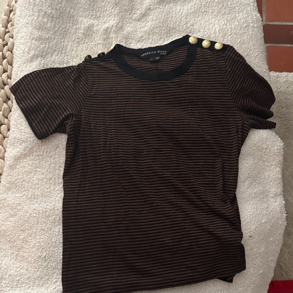 Veronica Beard Black and Brown Striped Tee with Gold Accents